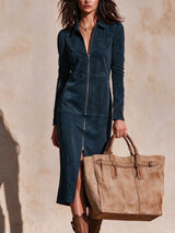 Navy faux-suede zip-front straight-fit midi dress