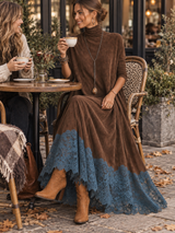 Camille | Robe longue effet daim à ourlet en dentelle