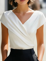 Elegant Satin Wrap V-Neck Short-Sleeve Shirt