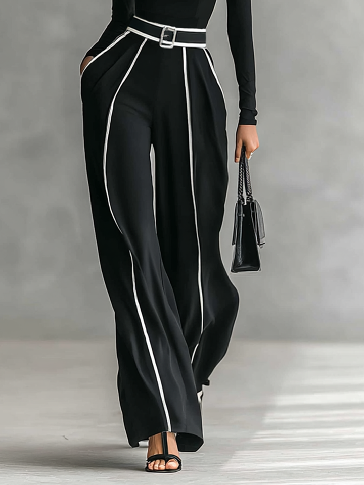 Two-Piece Set with High-Neck Top and Belted Wide-Leg Trousers