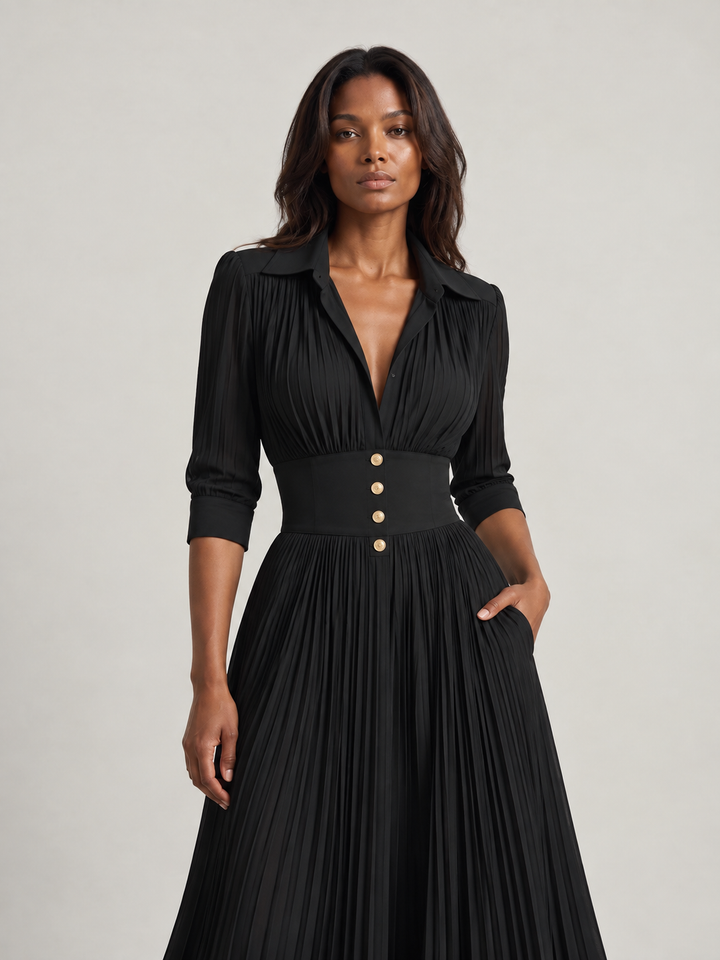 Luxury Pleated Maxi Dress with Adjustable Belt and Tailored Collar