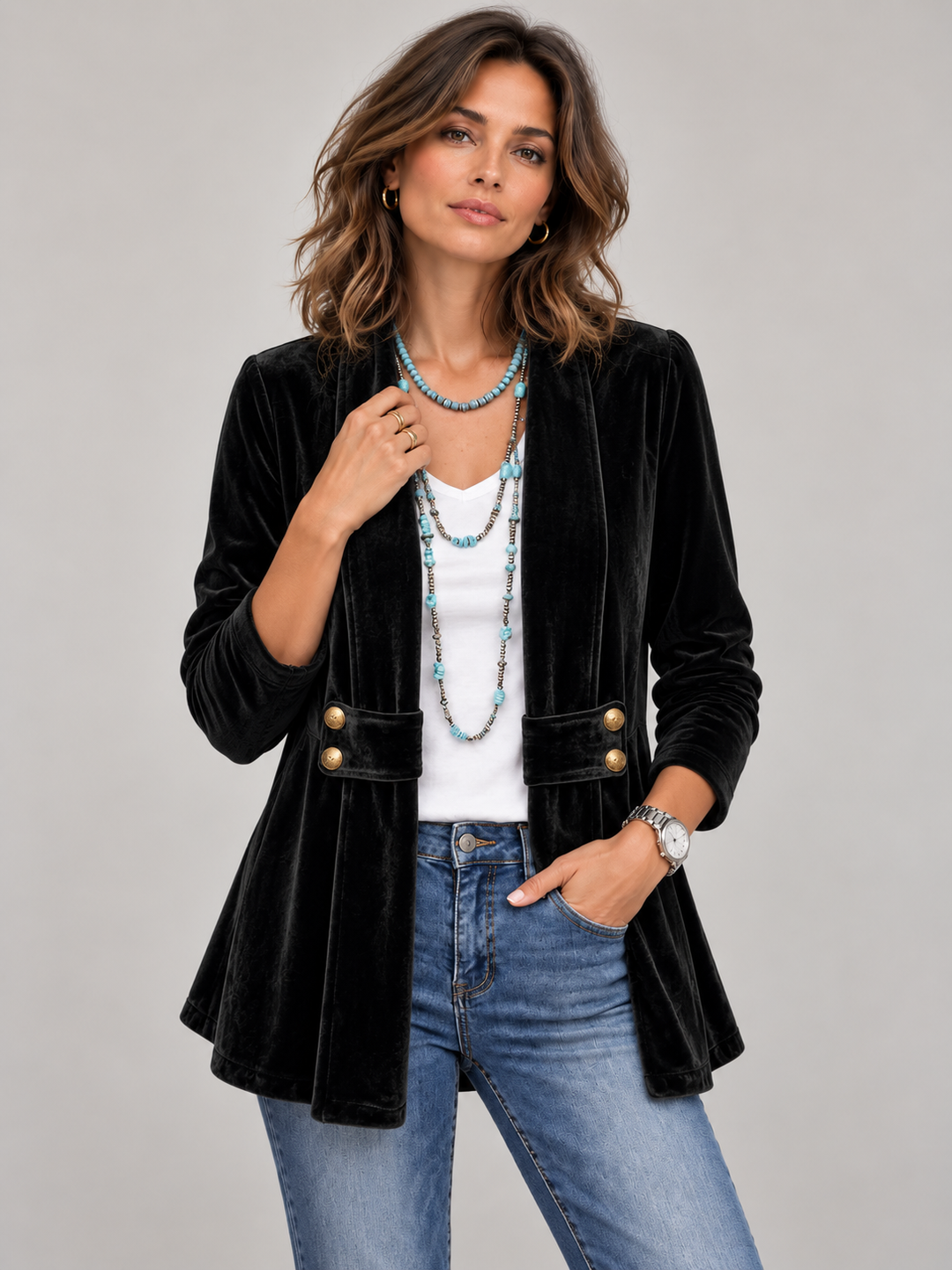 Amelia™ | Open-Front Long-Sleeve Jacket with Vintage Lapel Collar