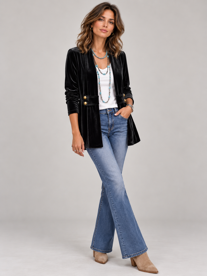 Amelia™ | Open-Front Long-Sleeve Jacket with Vintage Lapel Collar