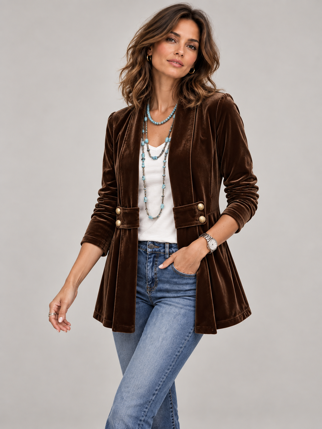 Amelia™ | Open-Front Long-Sleeve Jacket with Vintage Lapel Collar