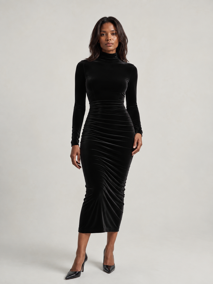 Elegant Black Velvet Midi Dress – Timeless Luxury