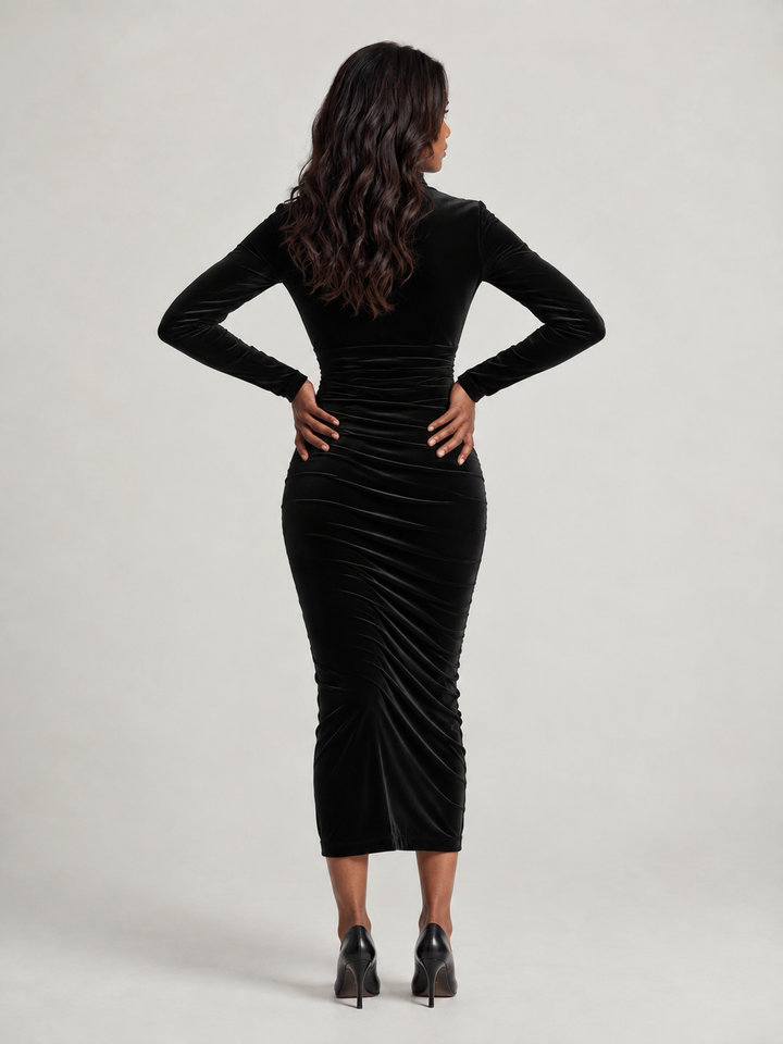 Elegant Black Velvet Midi Dress – Timeless Luxury