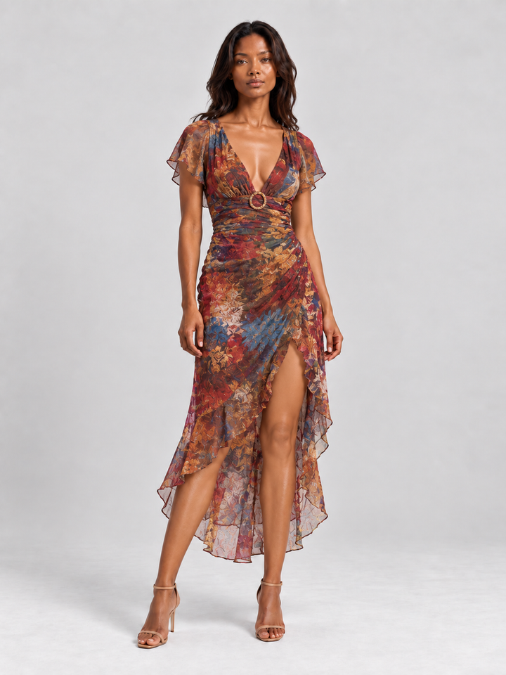 Leah™ | Flowing Printed Dress with Plunging Neckline