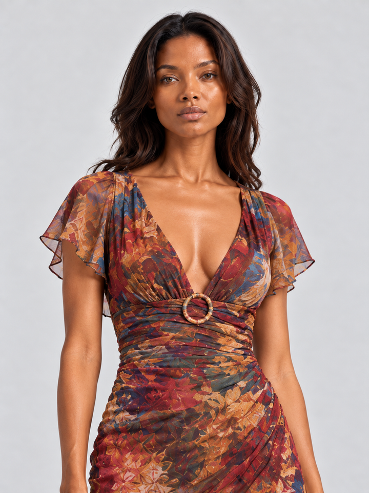 Leah™ | Flowing Printed Dress with Plunging Neckline
