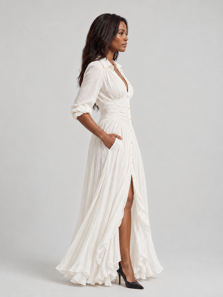Belted Maxi Dress with Pleated Lapels