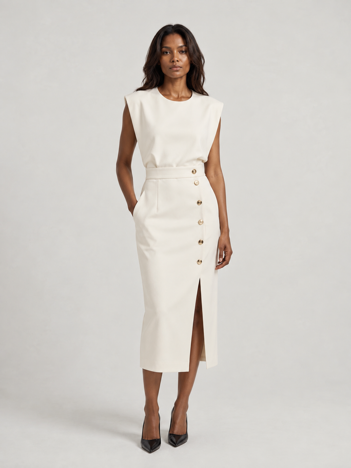 Sophie™ | Fitted Midi Dress with Gold Buttons