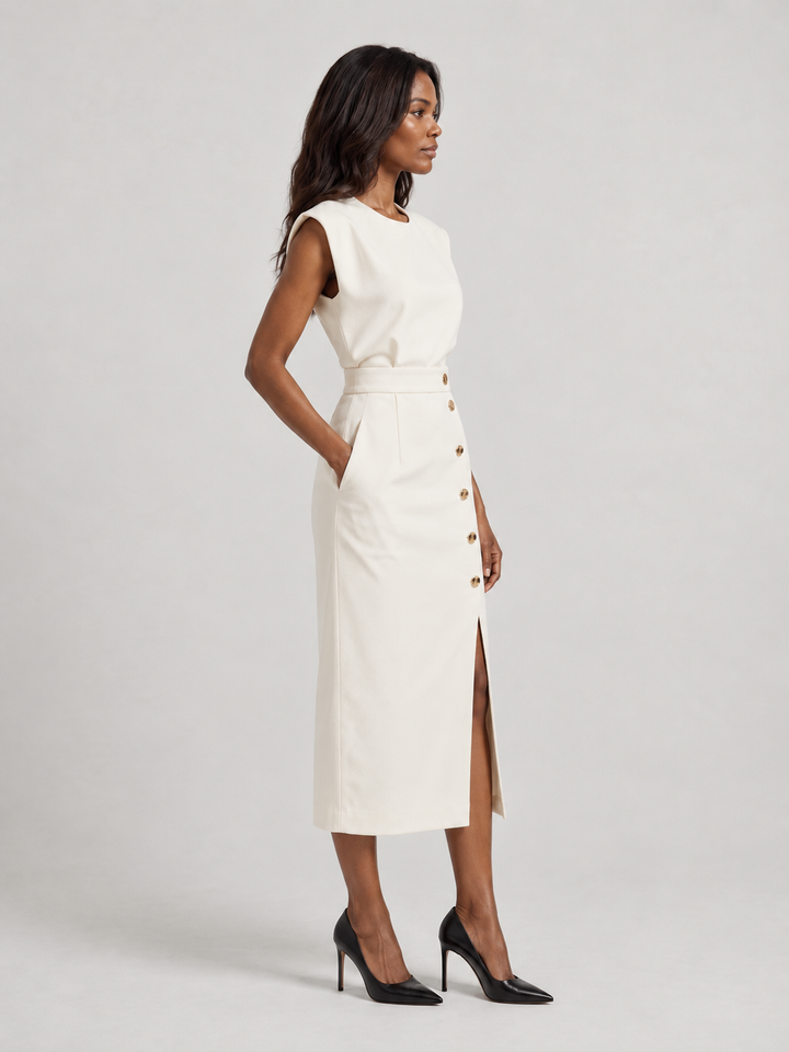 Sophie™ | Fitted Midi Dress with Gold Buttons