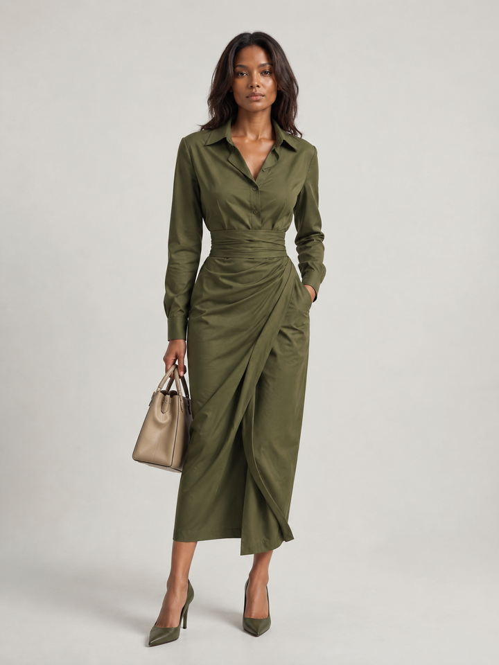 Satin Wrap Dress with Belt – Elegant Green