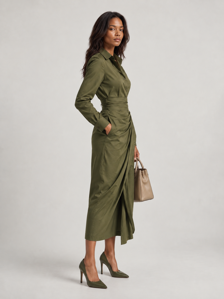 Satin Wrap Dress with Belt – Elegant Green