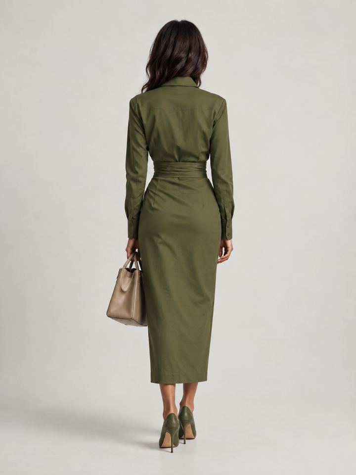Satin Wrap Dress with Belt – Elegant Green