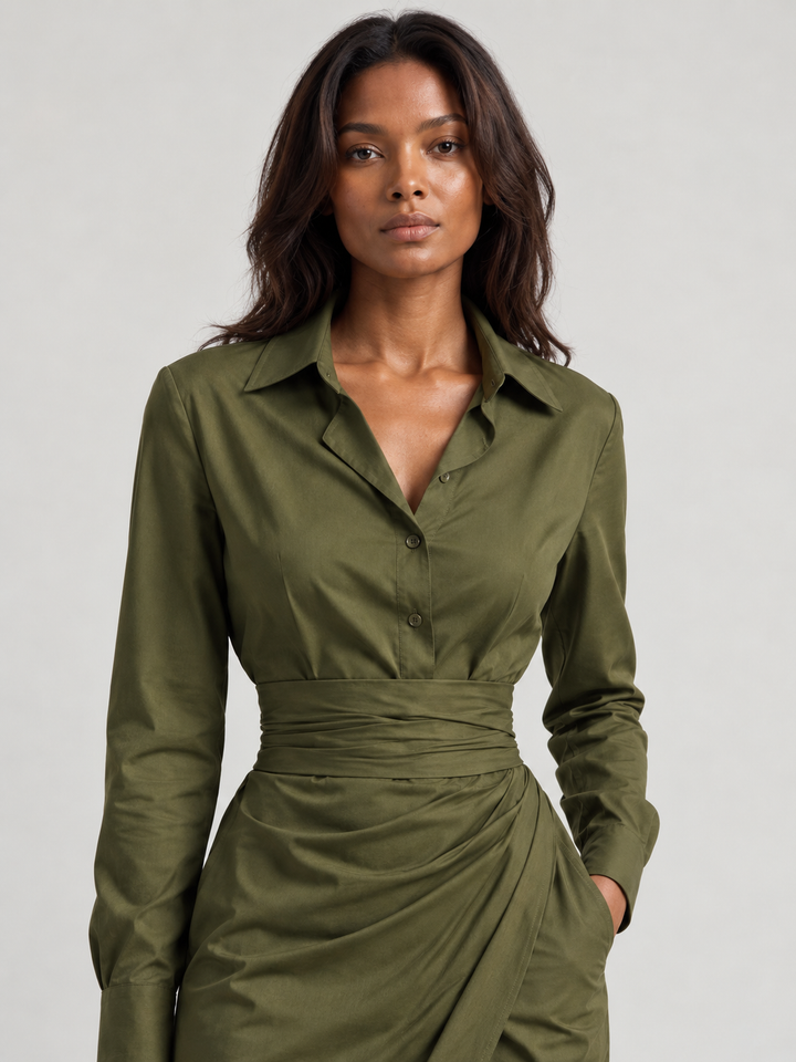 Satin Wrap Dress with Belt – Elegant Green