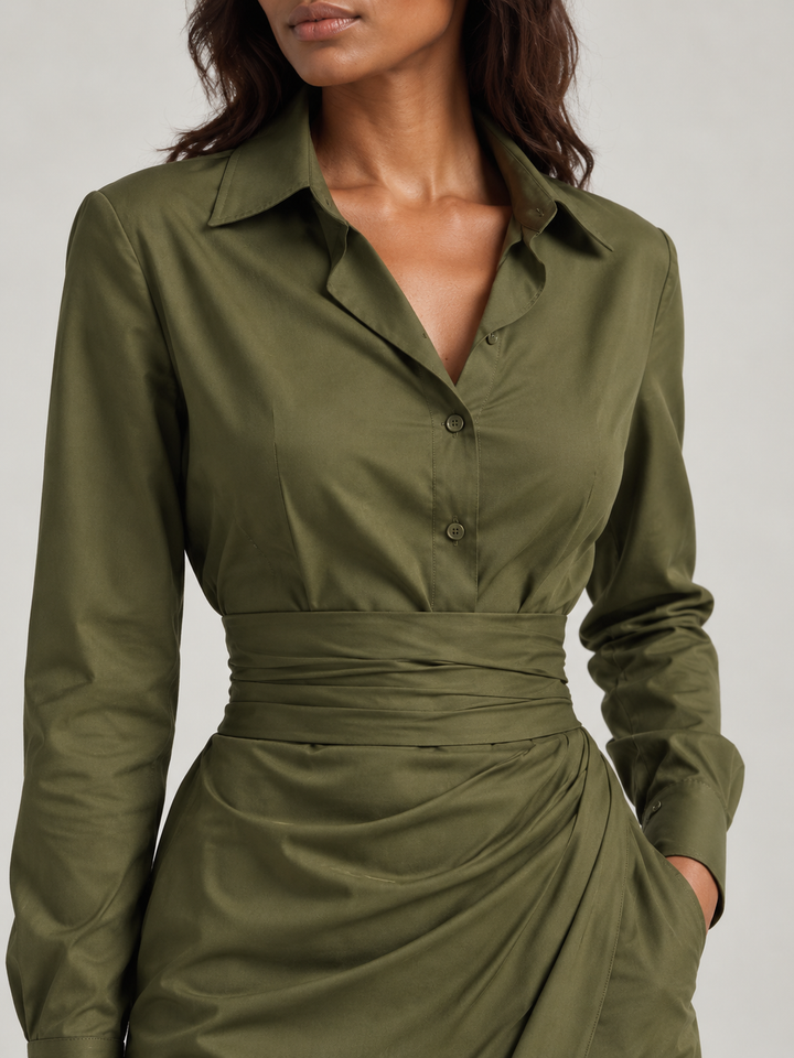 Satin Wrap Dress with Belt – Elegant Green