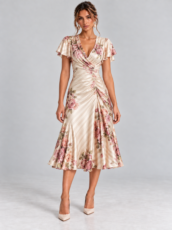 Rosalind | Elegant Floral Print Flowing Midi Dress
