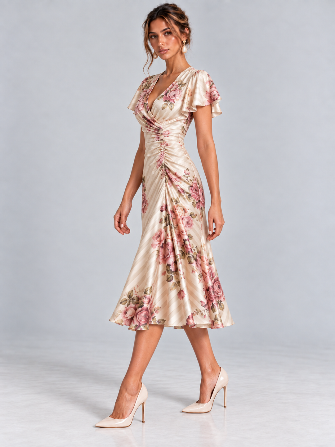 Rosalind | Elegant Floral Print Flowing Midi Dress