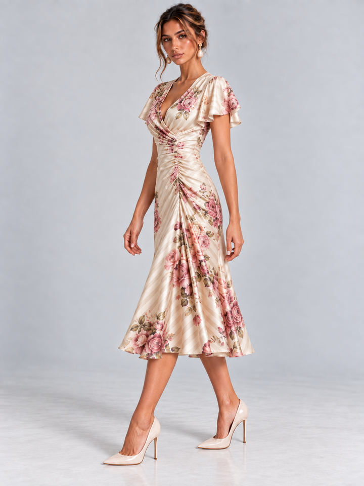 Rosalind | Elegant Floral Print Flowing Midi Dress