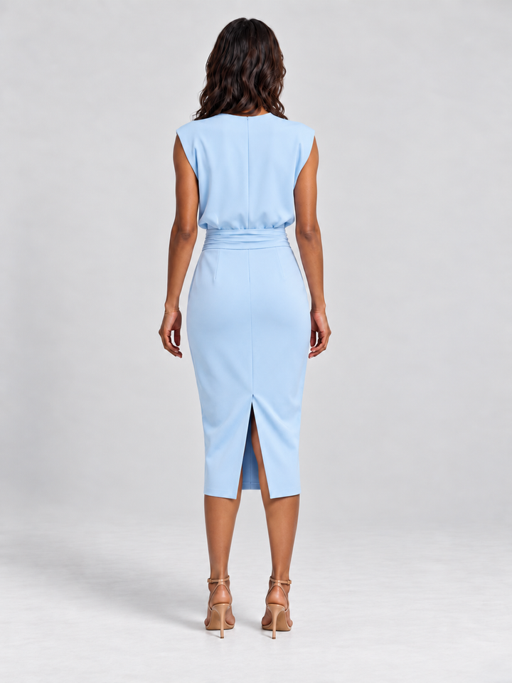 Sleeveless Draped Dress with Pleated Detail and Keyhole Neckline