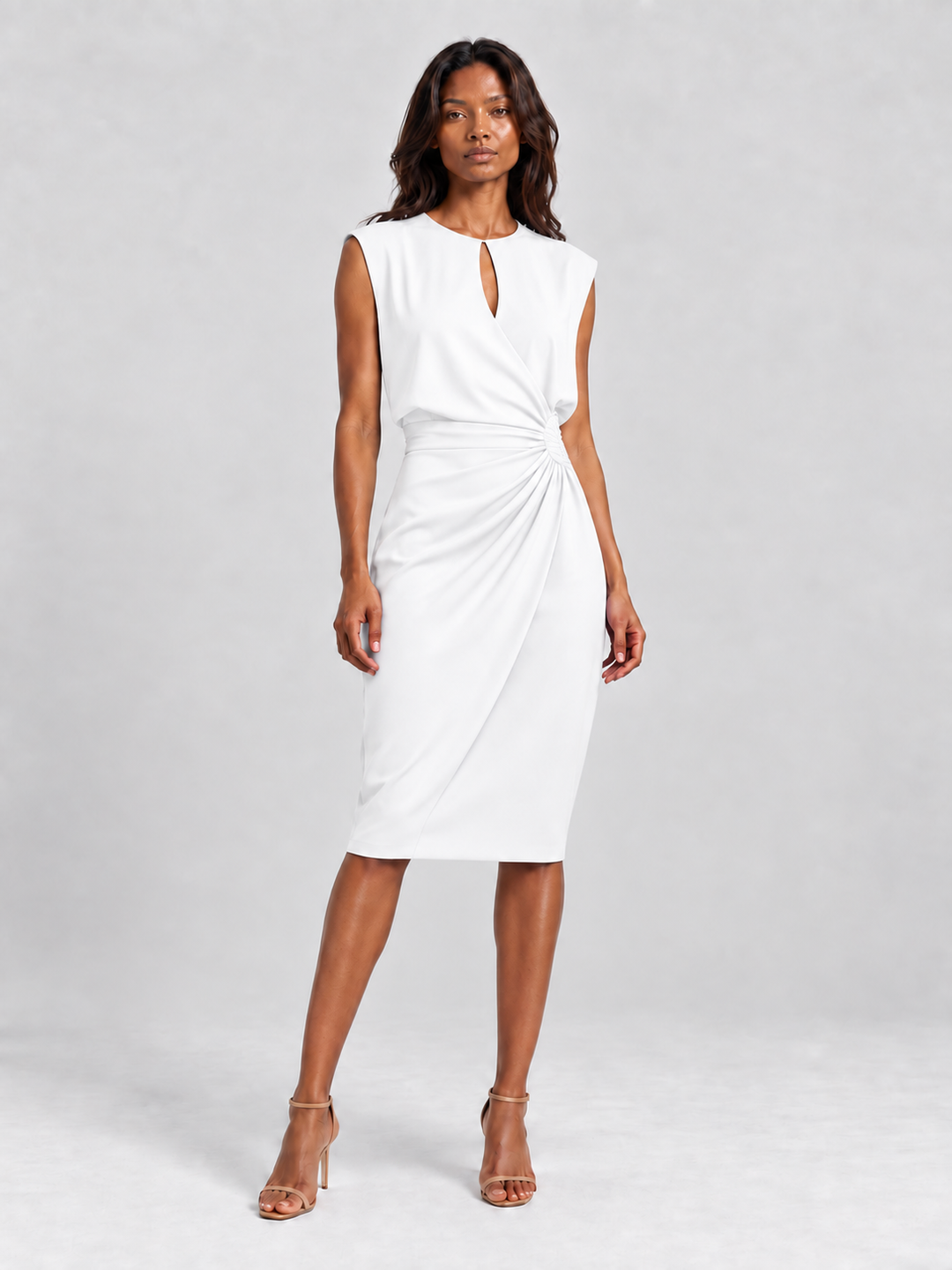 Sleeveless Draped Dress with Pleated Detail and Keyhole Neckline