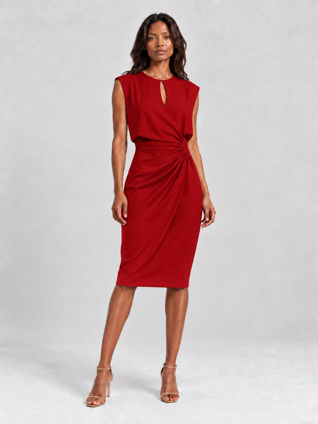 Sleeveless Draped Dress with Pleated Detail and Keyhole Neckline