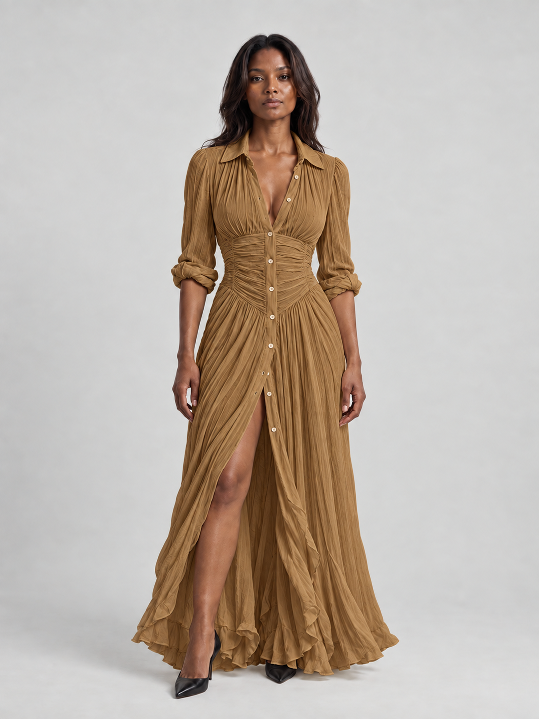 Belted Maxi Dress with Pleated Lapels