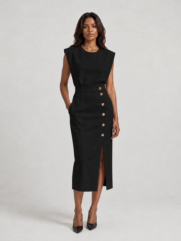Sophie™ | Fitted Midi Dress with Gold Buttons