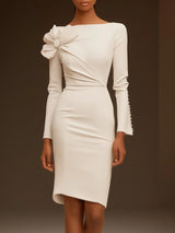 Elegant Cream White Bow Long Sleeve Sheath Midi Dress