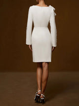 Elegant Cream White Bow Long Sleeve Sheath Midi Dress