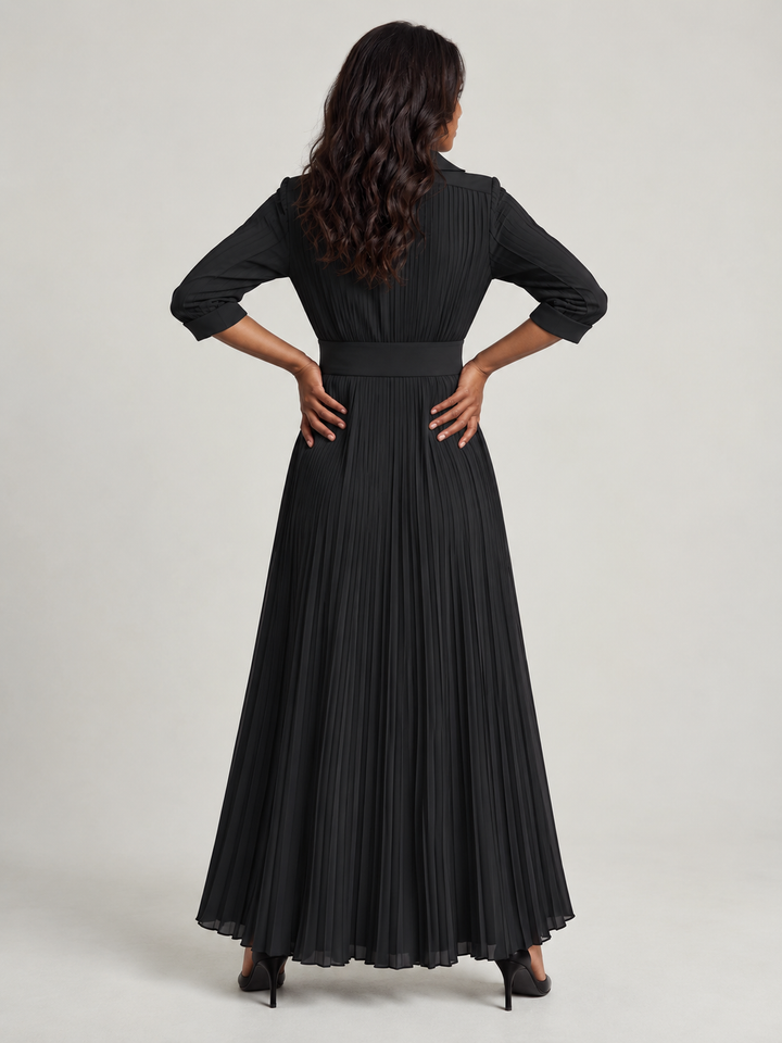Luxury Pleated Maxi Dress with Adjustable Belt and Tailored Collar