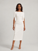 Robe élégante mi-longue à manches fendues ornées de perles