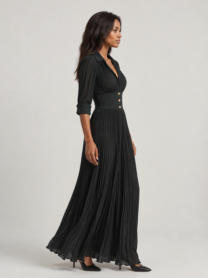 Luxury Pleated Maxi Dress with Adjustable Belt and Tailored Collar