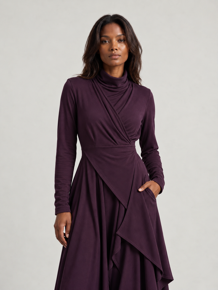 Asymmetric Long Dress with High Neck