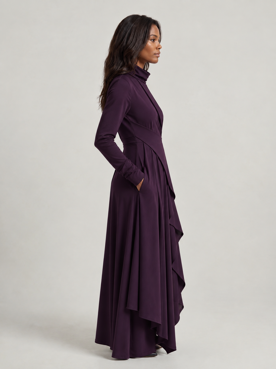 Asymmetric Long Dress with High Neck