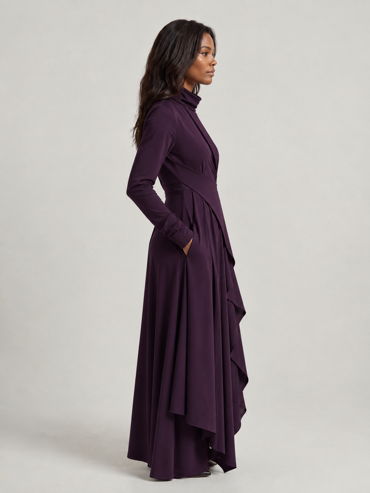 Asymmetric Long Dress with High Neck