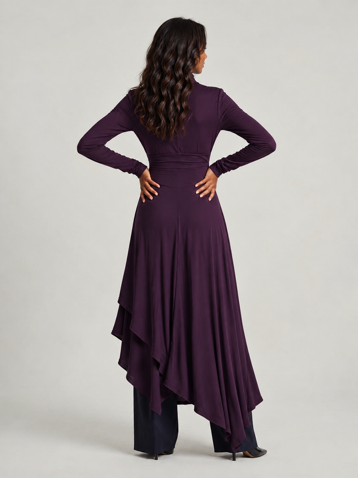 Asymmetric Long Dress with High Neck