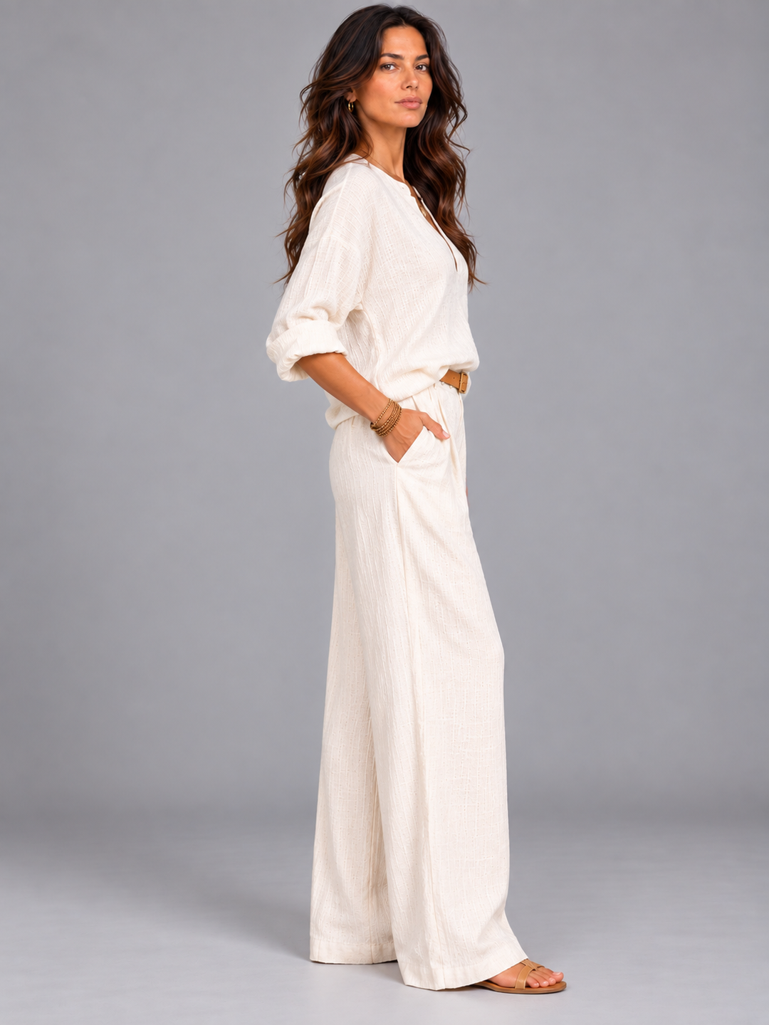 Leah | Cotton-Linen Set with Wide-Leg Trousers