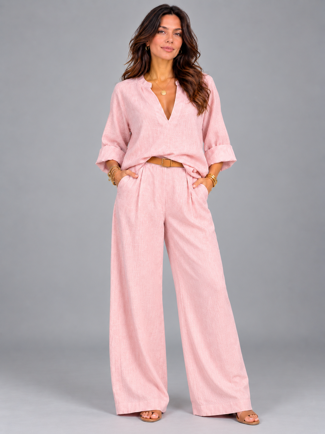Leah | Cotton-Linen Set with Wide-Leg Trousers