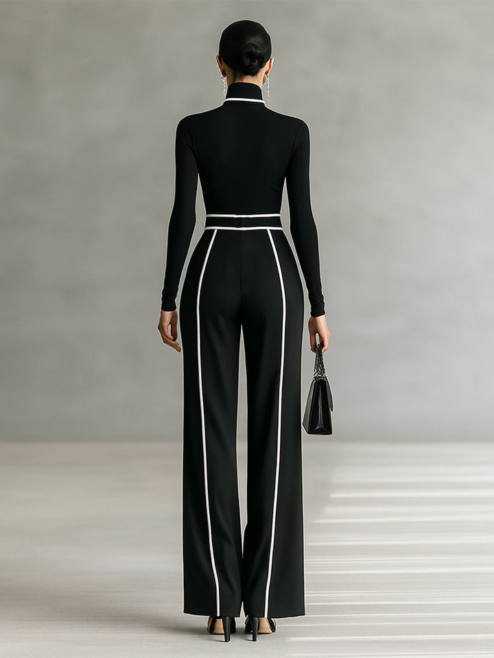 Two-Piece Set with High-Neck Top and Belted Wide-Leg Trousers