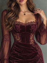 Burgundy Velvet Lace Sheer Flare Sleeve Corset Sexy Mini Dress