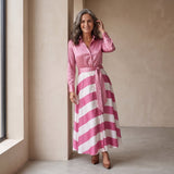 Elena | Robe chemise satinée à jupe rayée
