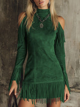 Brown High-neck Off-shoulder Tassel Faux Suede Long-sleeved Mini Dress