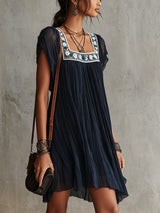 Navy Blue Floral Embroidered Pleated Chiffon Mini Dress
