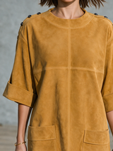 Ginger Yellow Faux Suede Mini Dress With Shoulder Buttons And Patch Pockets