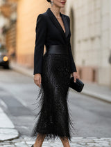 Black Blazer Bodice Sequin Fringe Midi Dress