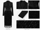 Black Blazer Bodice Sequin Fringe Midi Dress