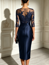 Black Lace Tulle Sleeve Bow Satin Midi Dress