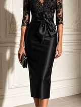 Black Lace Tulle Sleeve Bow Satin Midi Dress
