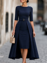 Navy Belted Overlay Pencil Midi Dress